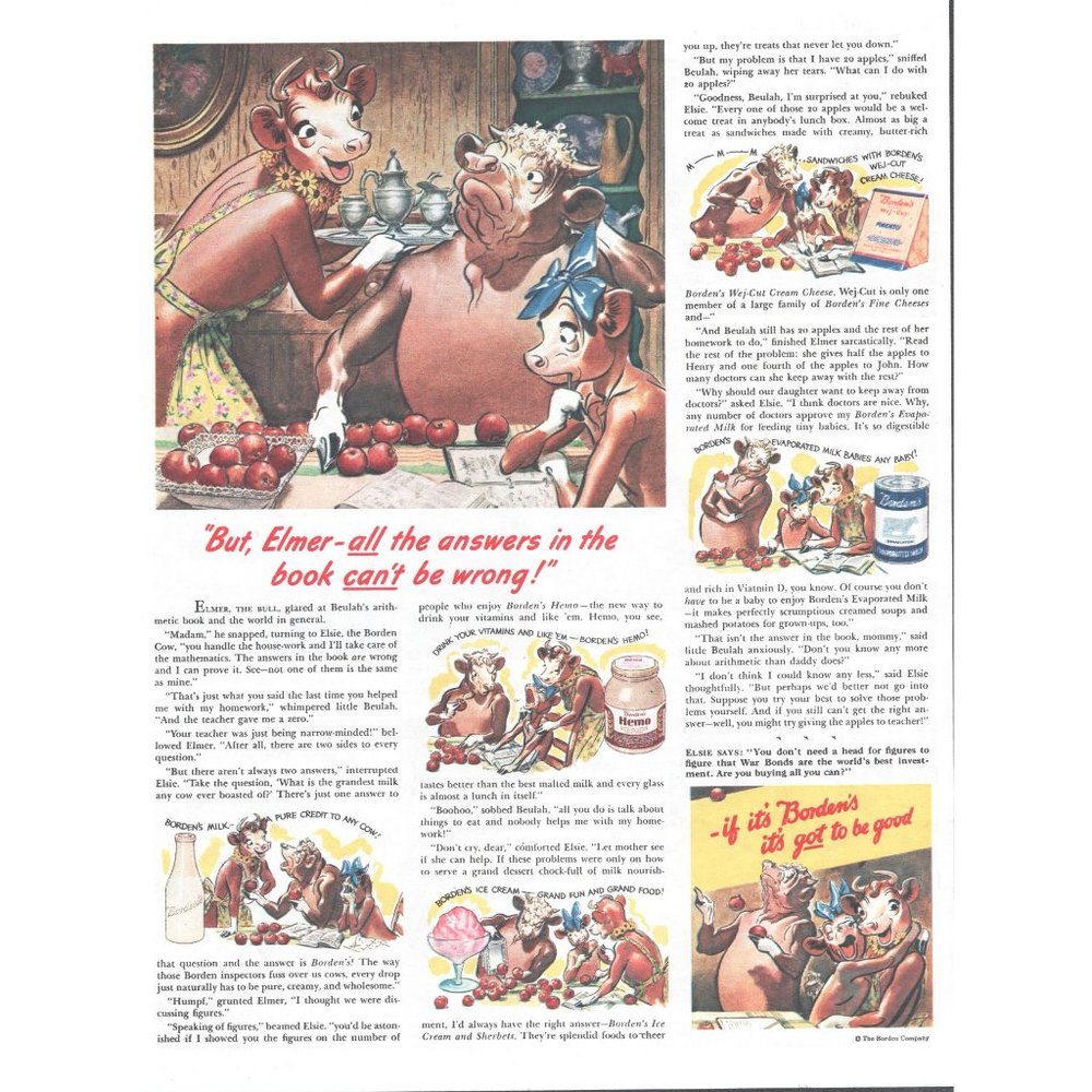 1944 Borden's Milk Products Vintage Print Ad Elsie and Elmer Cow Homework Art